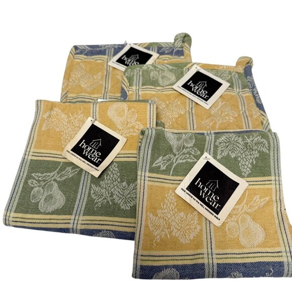 French Country Dish Towels and Potholders 4pc Set Yellow Tapestry 100% Cotton Ho - Picture 1 of 11